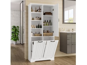 Armoire de salle de bains blanche en mdf avec 2 paniers à linge, rangements ouverts et étagères réglables