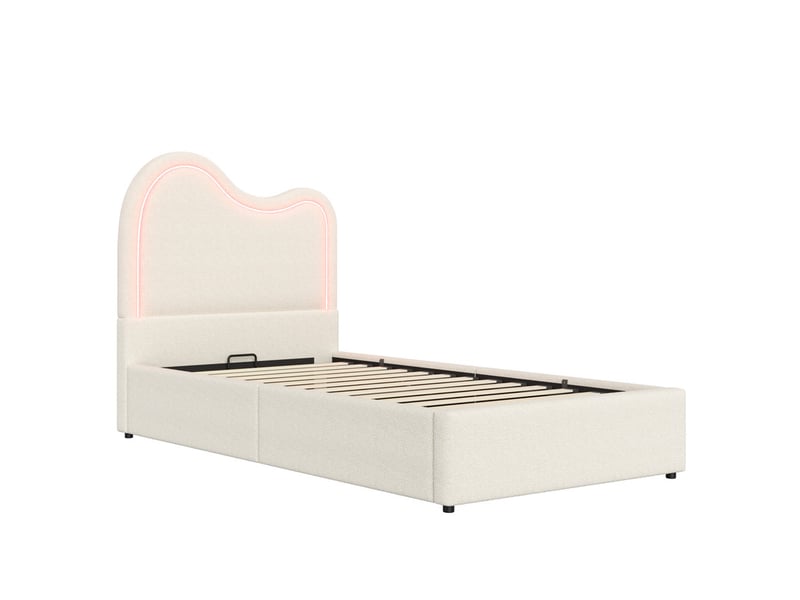  Lit enfant ，90x200 cm，avec coffre led tête nuage ，bouclé， blanc  - Conforama A