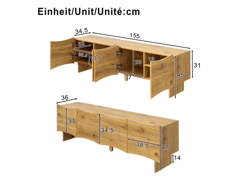  Meuble tv 160cm, design moderne avec motif vagues et rangement 4 portes meuble tv avec rangement  - Conforama C