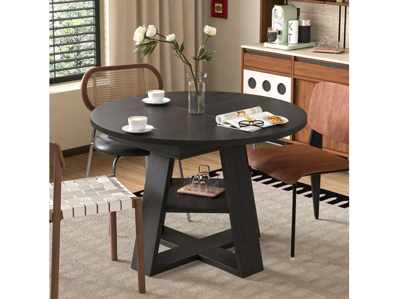 Table à manger extensible ronde 110150 x 110 x 75 cm, 150x110 cm, mdf, couleur noir aspect bois, espace de rangement - Conforama B
