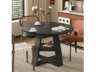 Table à manger extensible ronde 110150 x 110 x 75 cm, 150x110 cm, mdf, couleur noir aspect bois, espace de rangement