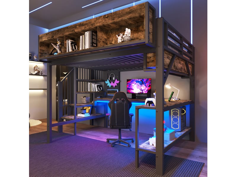  Lit mezzanine enfant 140x200 cm – marron vintage et noir – bureau d'angle, rangements, led et prises usb  - Conforama B
