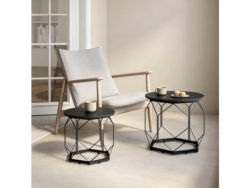  Lot de 2 tables basses rondes noires en bois et métal  - Conforama C