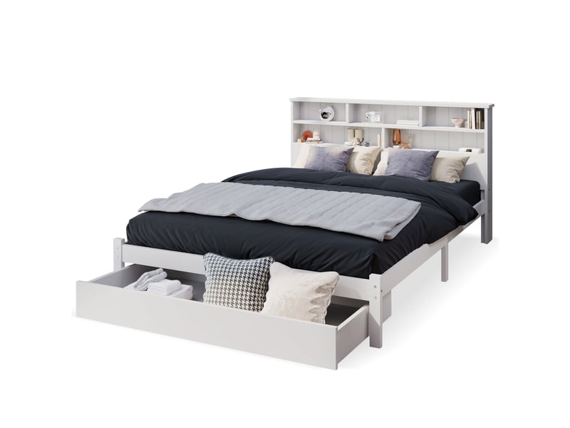  Lit enfant 140 x 200 cm, cadre de lit avec rangement, tiroirs de rangement, étagères ouvertes, sommier à lattes inclus, bois massif, blanc Morn Vibe - Conforama A