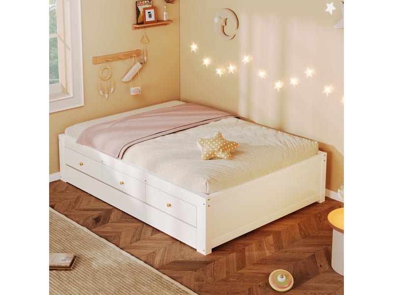 Lit double 90x200 cm - avec lit gigogne 90x190 cm et 3 tiroirs - sommier à lattes - mdf+pin - blanc (sans matelas) - Conforama E