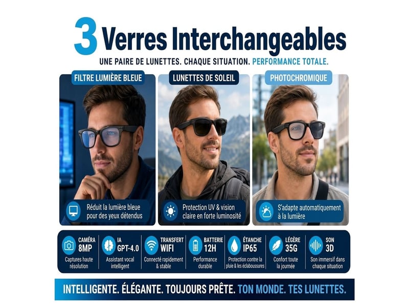 Lunettes connectées avec caméra 8mp 2k eis et ia – lunettes intelligentes sans fil wifi &amp; bluetooth 5.3 avec traduction en direct gpt, audio ouvert et étanche ip65 – noir  - Conforama E