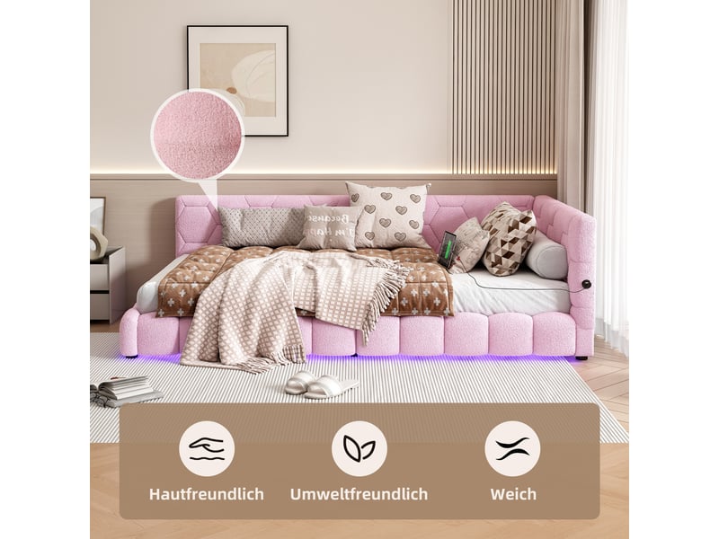  Canapé lit rose lit de jour 90x200 avec led 16 couleurs et port usb type-c  - Conforama E