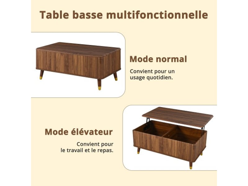  Table basse moderne rétro réglable en hauteur - effet noyer, structure ondulée, pieds bois, rangement multifonction  - Conforama D