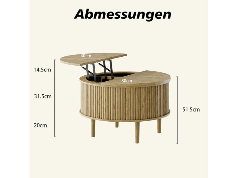  Table basse ronde ulevr à plateau relevable avec rangement, 80 x 80 x 51,5 cm, panneau de particules naturel  - Conforama C