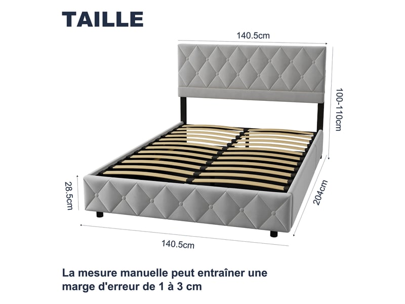  Lit double 140x200 cm avec tête de lit rembourrée gris homvra  - Conforama B