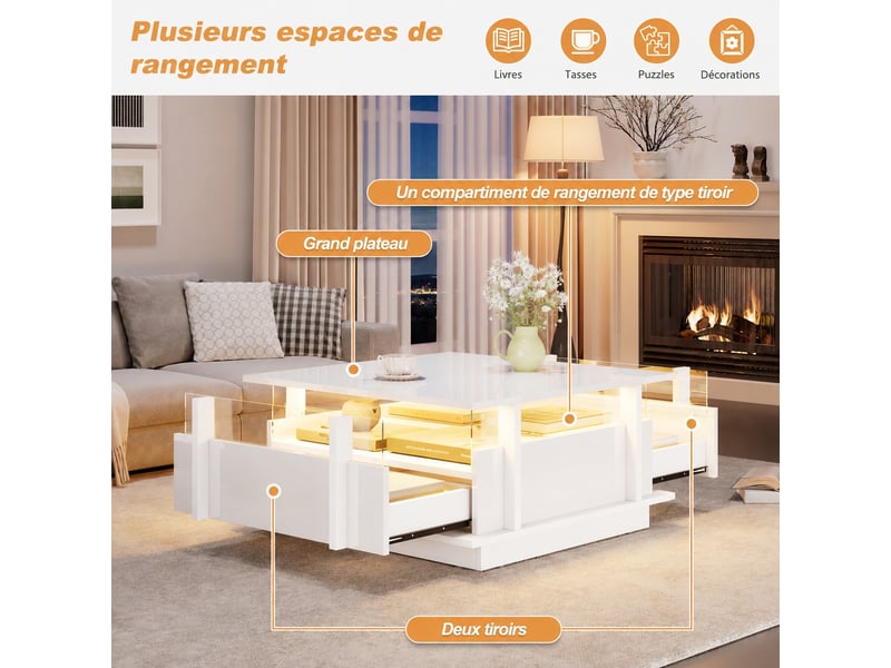 Table basse carrée blanche brillante, led, 2 tiroirs et rebords en acrylique, 70 x 70 x 35 cm, blanc - Conforama B