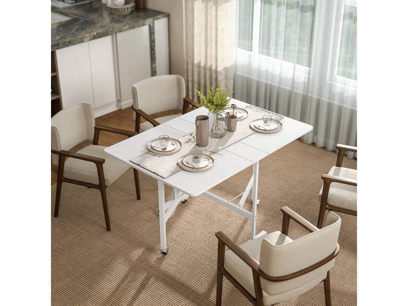  Table de salle à manger pliante pour 4 à 6 personnes avec roulettes et rallonges rabattables, table de cuisine pliante 120 x 80 x 73 cm, blanche  - Conforama C