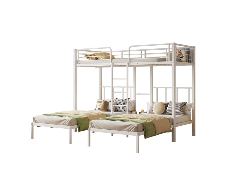  Lit superposé triple 90x200 cm, lit trio enfant et ado gain de place avec échelle et bureau, métal 3 couchages, blanc  - Conforama A
