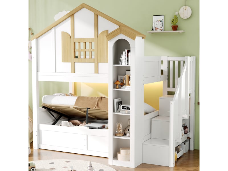 Lit superposé 90x200 cm, lit enfant, rangement hydraulique, escalier avec rangement, led, bois de pin blanc, style cabane - Conforama C