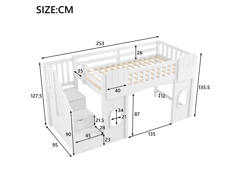 Lit mezzanine 90x200 cm avec escalier de rangement et 2 fenêtres en mdf, pin et contreplaqué blanc - Conforama E
