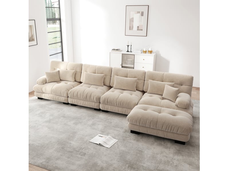  Canapé modulable 4 places 406x145x81 cm, pouf mobile, effet nuage confortable, tissu chenille, brun clair  - Conforama B