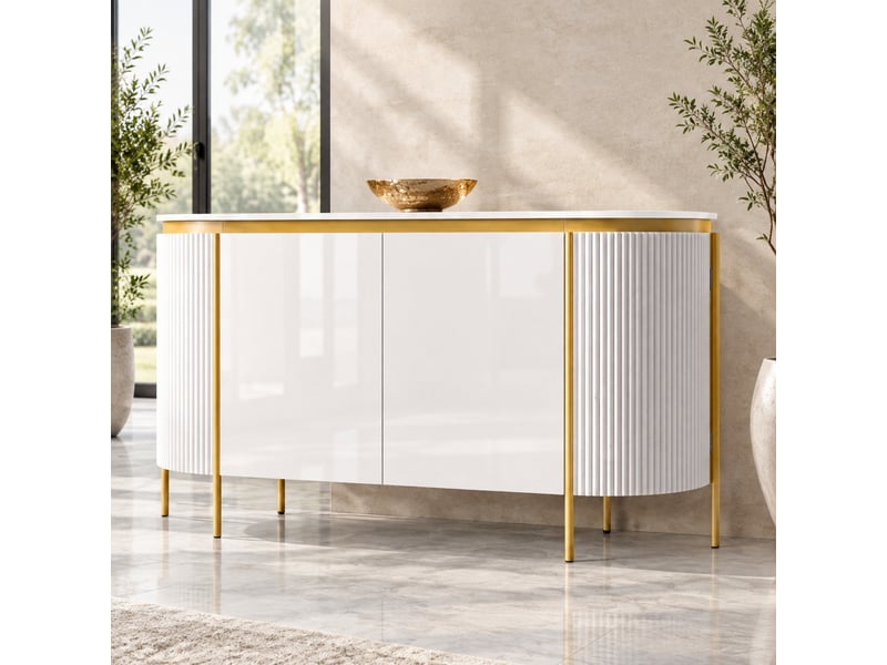  Buffet ulevr 4 portes sans poignées 140 x 38 x 80 cm, rangement à étagère, mdf blanc et pieds en fer  - Conforama B