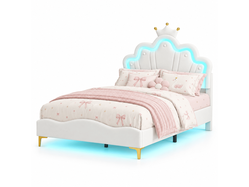  Lit fille 140x190cm avec sommier led réglables - lit simpledouble enfant avec tête de lit réglable en hauteur - sommier à lattes - lit 140x190 cm - lumineuse led - lit fille avec tête de lit réglable - lit princesse en forme cou…  - Conforama A