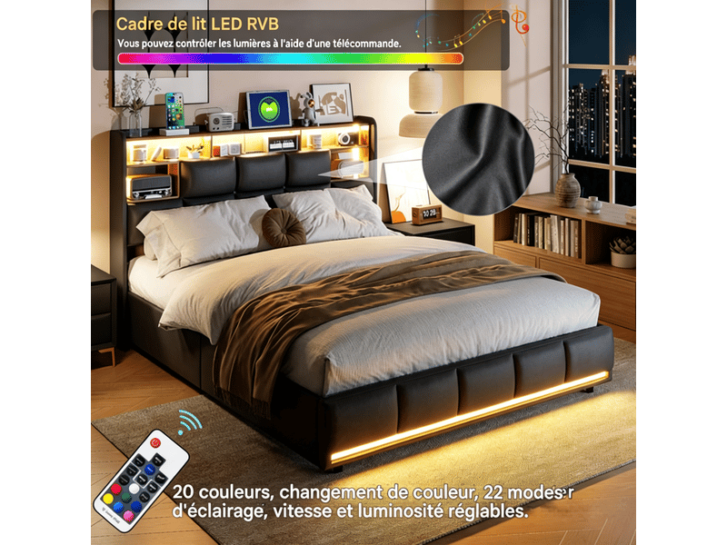  Cadre de lit coffre 140x190 cm noir - tête de lit pu avec ports usb et led réglable, sommier à lattes, rangement hydraulique, design moderne 250 kg  - Conforama D