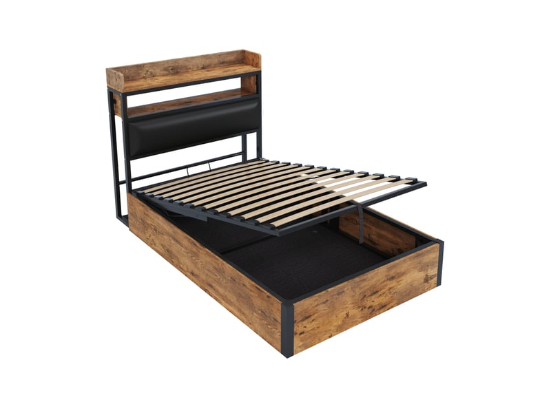  Cadre de lit 90 x 200 cm avec mécanisme de levage hydraulique, port usb, tête de lit rembourrée, design rétro bois et métal, espace de rangement intégré, lit simple, mobilier de chambre moderne, noir  - Conforama D
