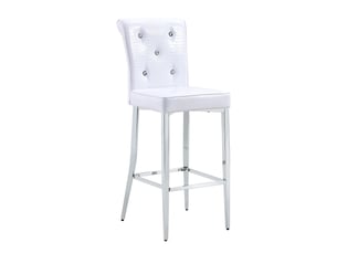Tabouret de bar lot de 2 avec dossier haut, repose-pieds et boutons décoratifs, pieds en métal chromé, pvc blanc