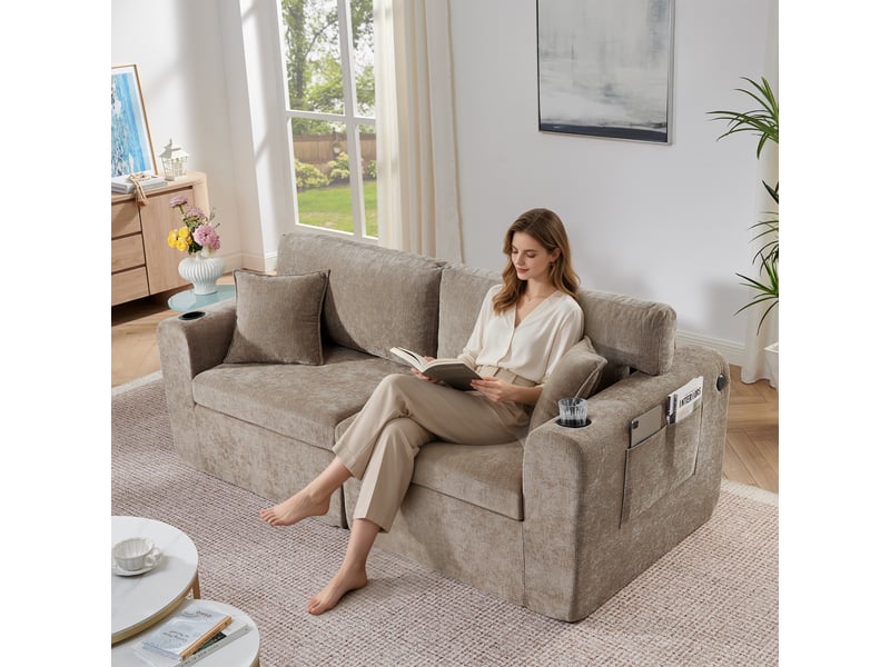  Canapé relax 2 places 220 x 100 x 89 cm, tissu chenille doux, poche latérale, porte-gobelet, coussins, pour petits espaces, brun Bliss Lite - Conforama E