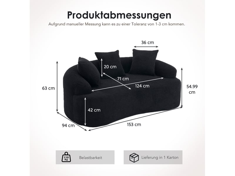 Canapé 2 places incurvé en chenille avec 3 coussins noir homvra - Conforama E