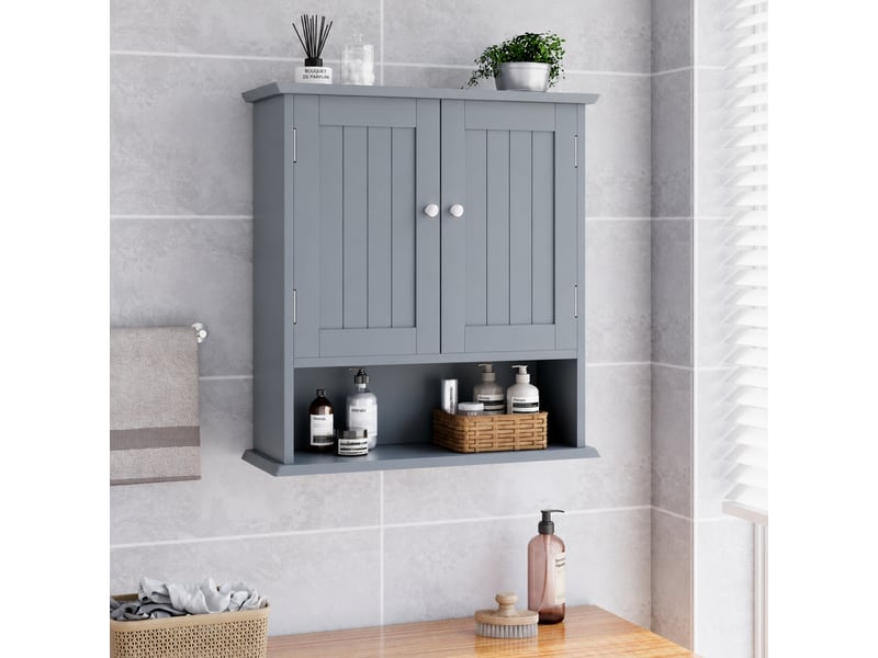  Armoire murale de salle de bain 2 portes, étagères ouvertes, gris clair, 54,6 x 19,8 x 60 cm  - Conforama C