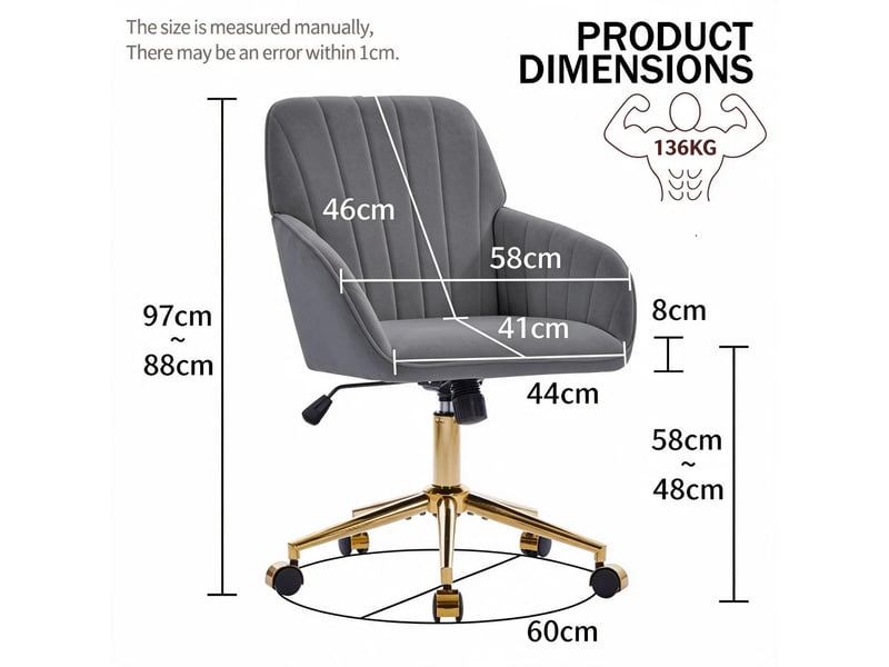  Chaise de bureau pivotante 360 degrés à hauteur réglable - lpospi - dossier ergonomique, velours gris  - Conforama D