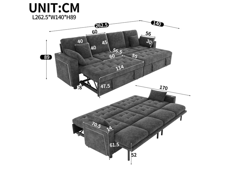 Canapé d'angle convertible 4 places gris en tissu, led, usb-c et dossier réglable 3 positions pour le salon - Conforama C