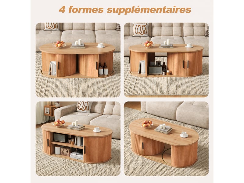  Table basse ovale avec rangement caché, 2 portes à lames, cloison mobile, bois naturel, 100 x 50 x 33 cm  - Conforama D