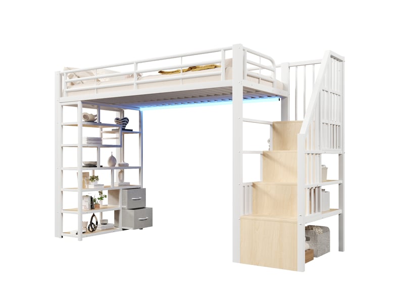  Lit mezzanine 90x200 cm, rangements ouverts, tiroirs tissu, escalier, led multicolore, métal mdf, blanc, sans matelas  - Conforama A