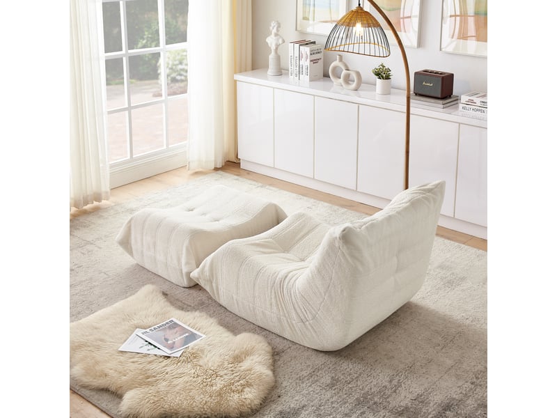  Canapé de sol 1 place, fauteuil relax avec pouf repose-pieds, 100x90x70 cm, canapé de sol sans montage, mousse haute résilience, tissu teddy beige  - Conforama E