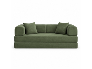 Canapé droit convertible en mousse vert, 2 matelas de 17 cm, structure métallique