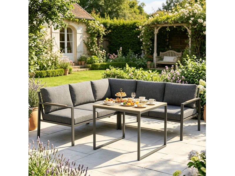 Salon de jardin contemporain en l 5 places avec table basse, gris foncé - Conforama E