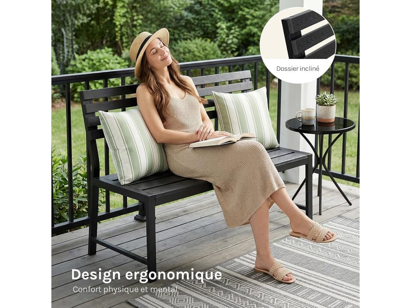 Banc de jardin, banquette extérieure pour 2 à 3 personnes, cadre en métal, 115x55x85 cm, noir - Conforama D