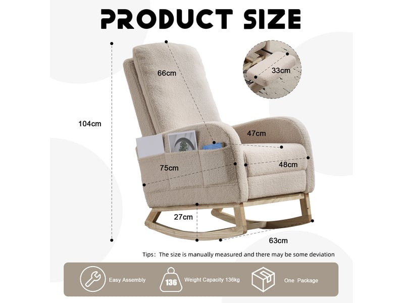  Fauteuil à bascule modenvie haut dossier en tissu teddy beige 75 x 63 x 104 cm  - Conforama C