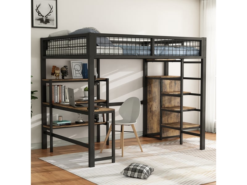  Lit mezzanine 140 × 200 cm 2 places avec bureau, étagères et armoire, sans matelas, en métal et mdf, noir et marron  - Conforama C