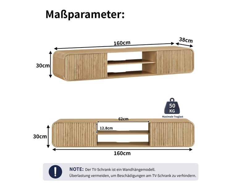  Meuble tv mural tcqpz 160 x 38 x 30 cm rangement ouvert passe-câbles coloris naturel  - Conforama C