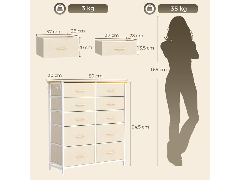  Commode 10 tiroirs 4 poches 2 crochets beige  - Conforama C