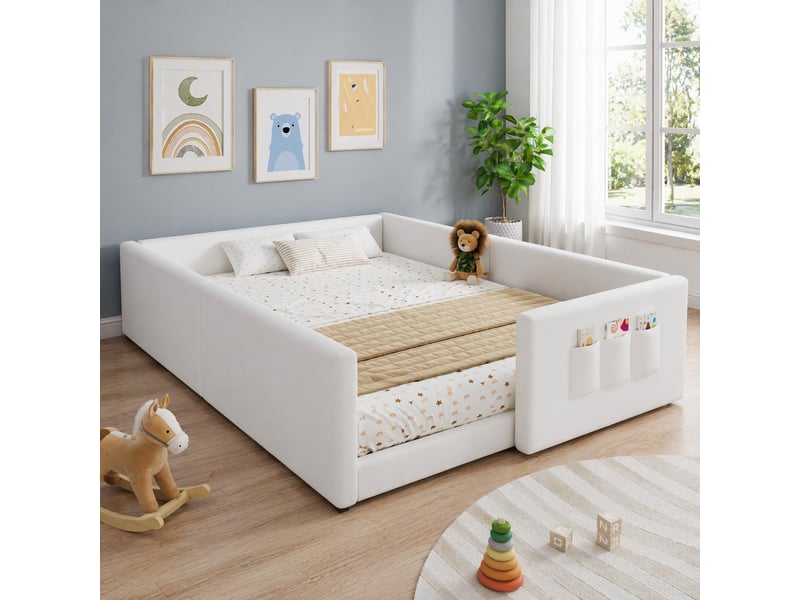  Lit enfant rembourré blanc en pu 140 x 200 cm avec 3 poches de rangement  - Conforama D