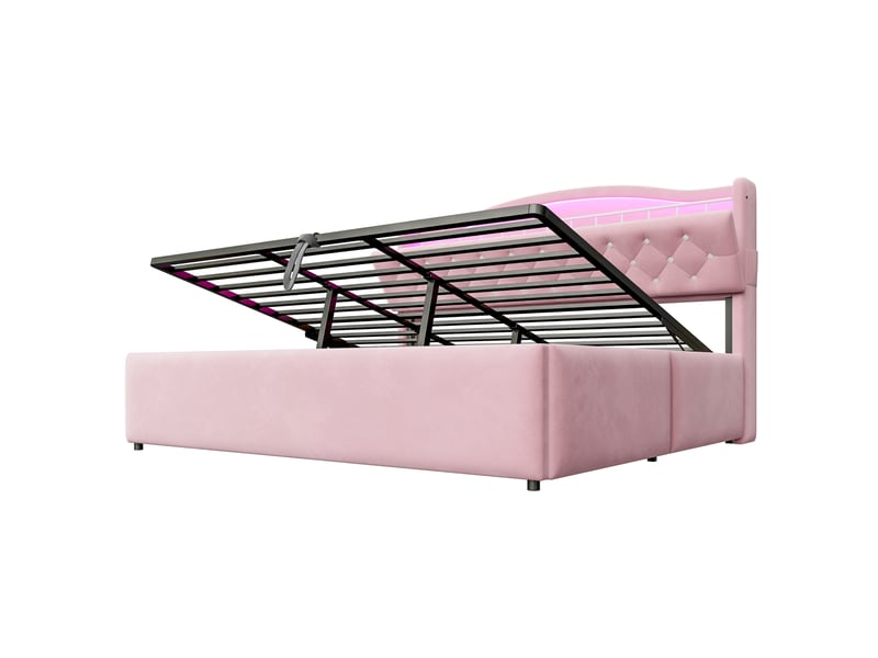  Lit coffre 180x200 cm, lit double, rangement hydraulique, led, usb et usb-c, velours rose  - Conforama B