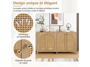 Buffet 4 portes avec façades effet rotin, poignées métal, étagères réglables et structure mdf, décor bois naturel