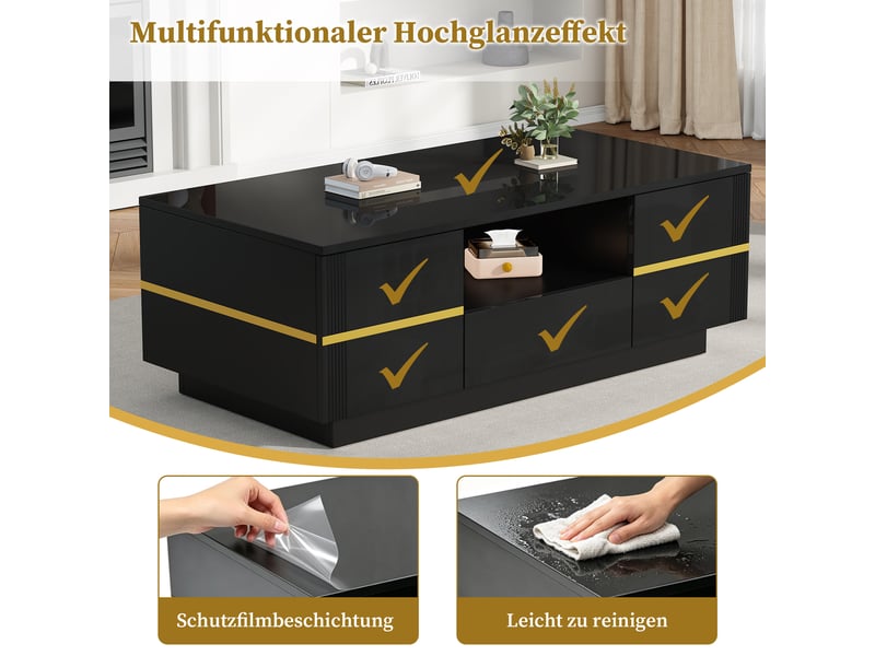  Table basse avec 2 portes, 1 tiroir et niche ouverte, noire avec accents dorés, en mdf, 100 × 50 × 35,5 cm  - Conforama E
