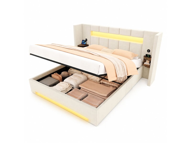  Cadre de lit 160 x 200 cm beige en velours avec rangement hydraulique, led et ports usb  - Conforama A