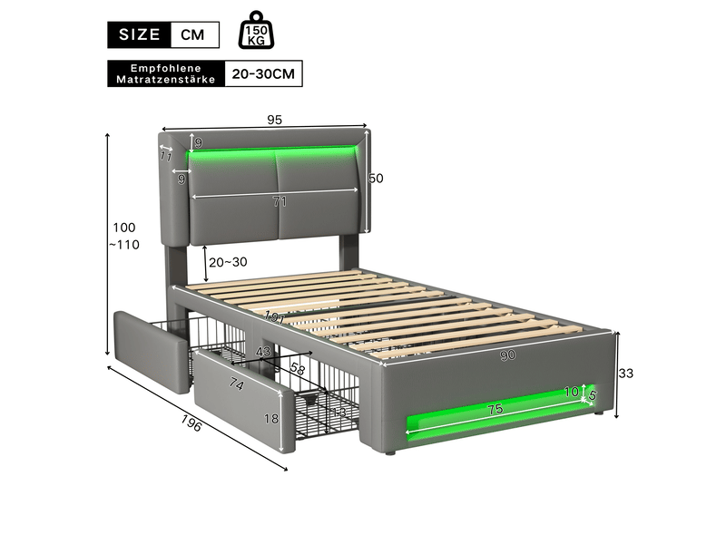  Lit capitonné 90x190 cm gris avec port usb, led et quatre tiroirs de rangement  - Conforama C