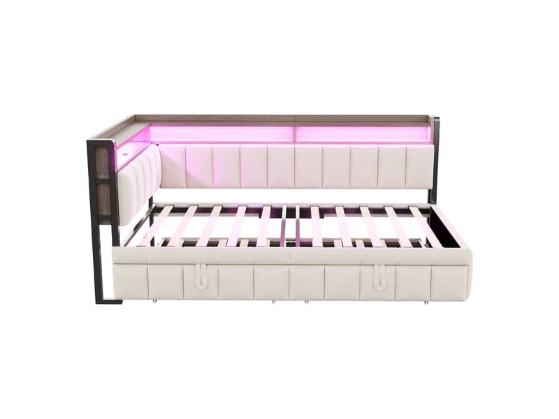  Lit banquette gigogne en velours beige 90x200 cm, led, usb-c et rangements  - Conforama A