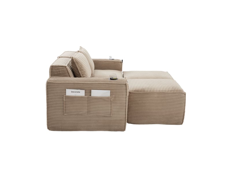  Canapé 2 places avec 2 poufs en velours côtelé kaki 188x162x75 cm  - Conforama R