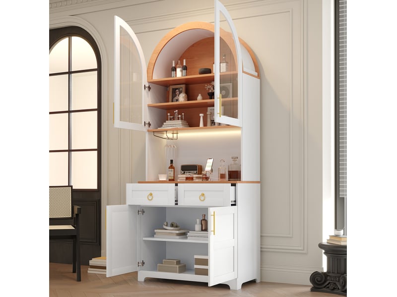  Buffet haut ulevr avec vitrine et rangement, 80 x 40 x 180 cm, led réglable par application, prises et usb, blanc, mdf et panneaux de particules  - Conforama D