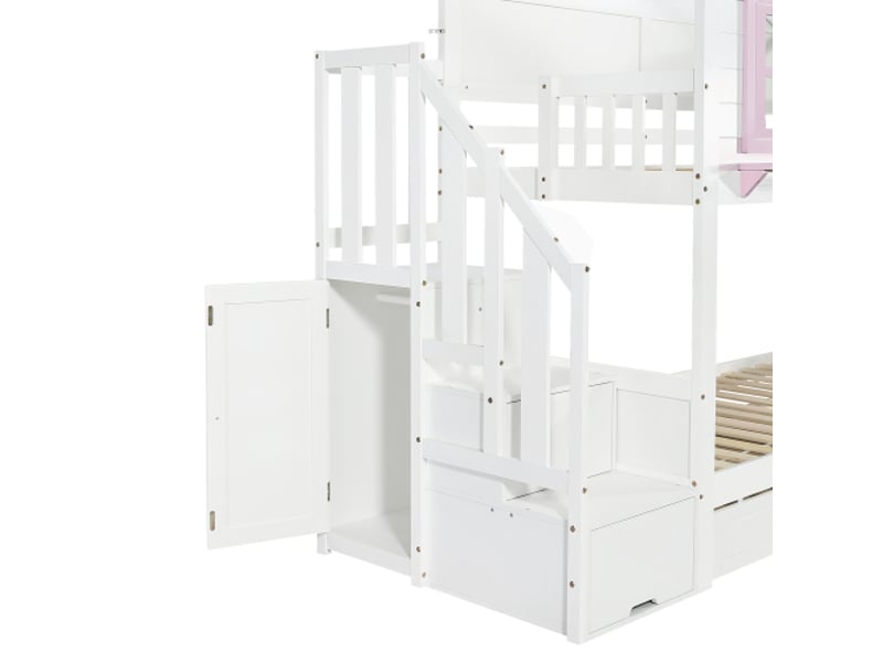 Lit superposé 90x200 cm avec lit gigogne et rangement escalier, penderie latérale, en bois, blanc et rose  - Conforama E